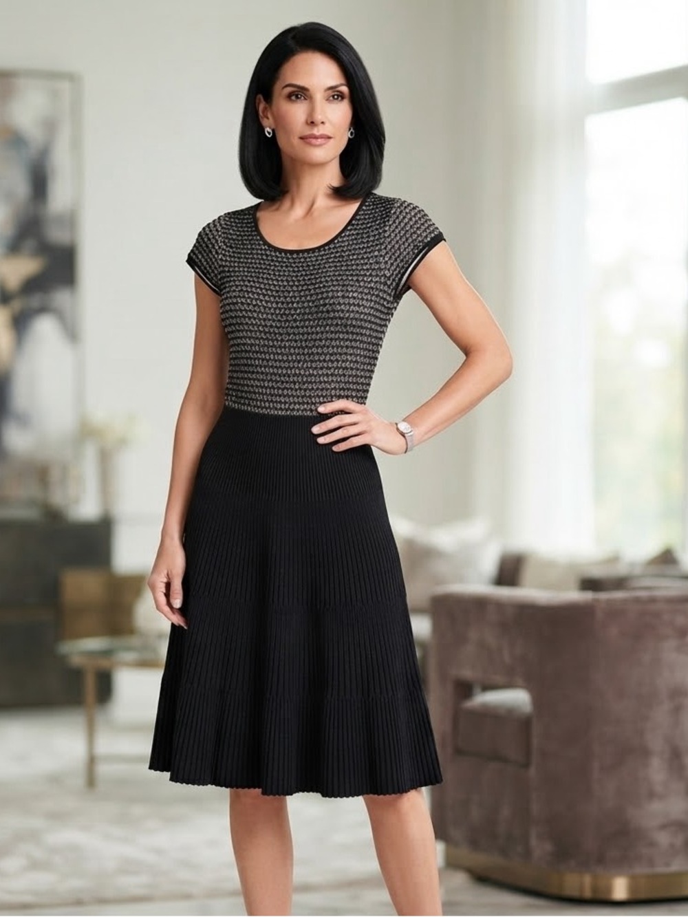 Vintage Issa London Black Textured Knit Fit & Flare Dress